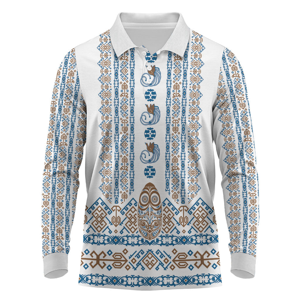 Personalised Papua New Guinea Bird Ethnic Long Sleeve Polo Shirt Papuan Batik Inspired Pattern LT9 White - Polynesian Pride