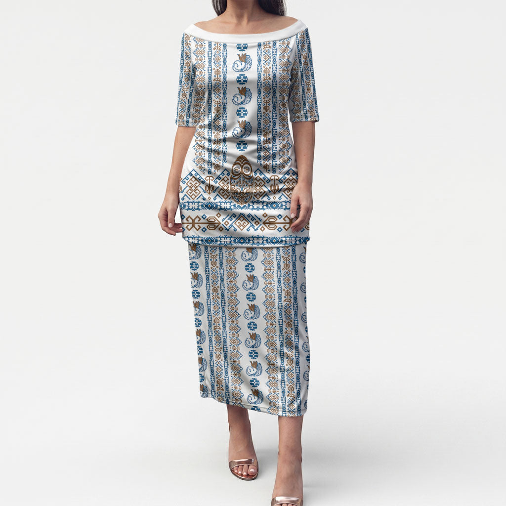 Personalised Papua New Guinea Bird Ethnic Puletasi Papuan Batik Inspired Pattern LT9 Long Dress White - Polynesian Pride