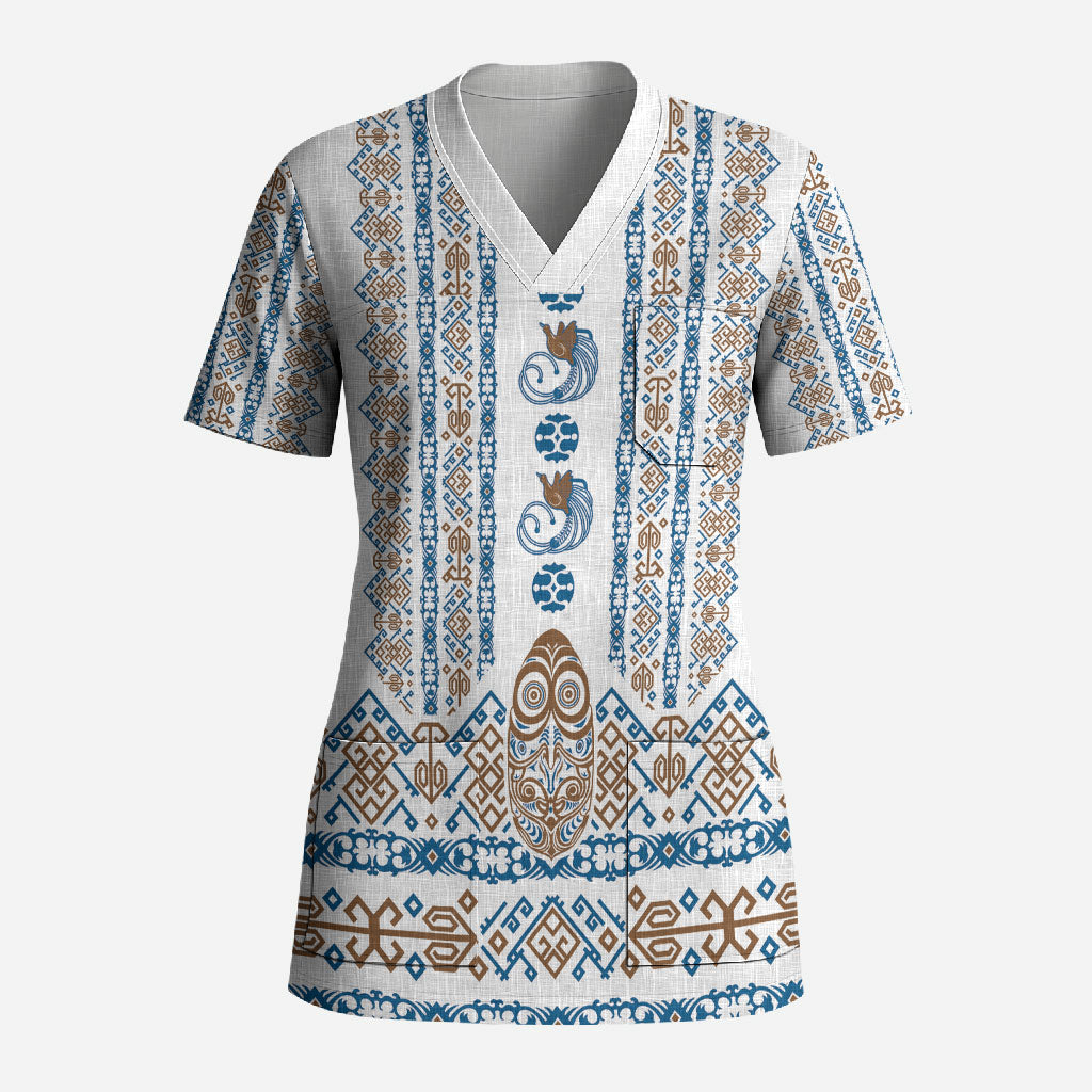 Personalised Papua New Guinea Bird Ethnic Scrub Top Papuan Batik Inspired Pattern LT9 Adult White - Polynesian Pride