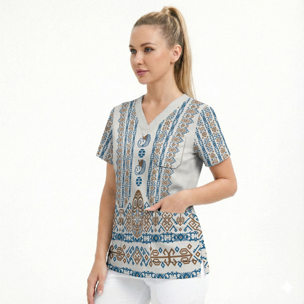 Personalised Papua New Guinea Bird Ethnic Scrub Top Papuan Batik Inspired Pattern LT9 - Polynesian Pride