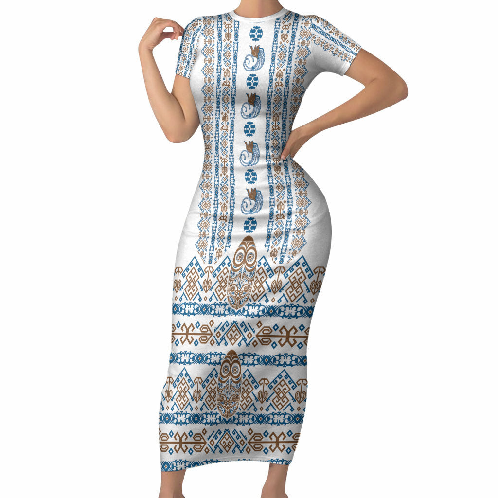 Personalised Papua New Guinea Bird Ethnic Short Sleeve Bodycon Dress Papuan Batik Inspired Pattern LT9 Long Dress White - Polynesian Pride