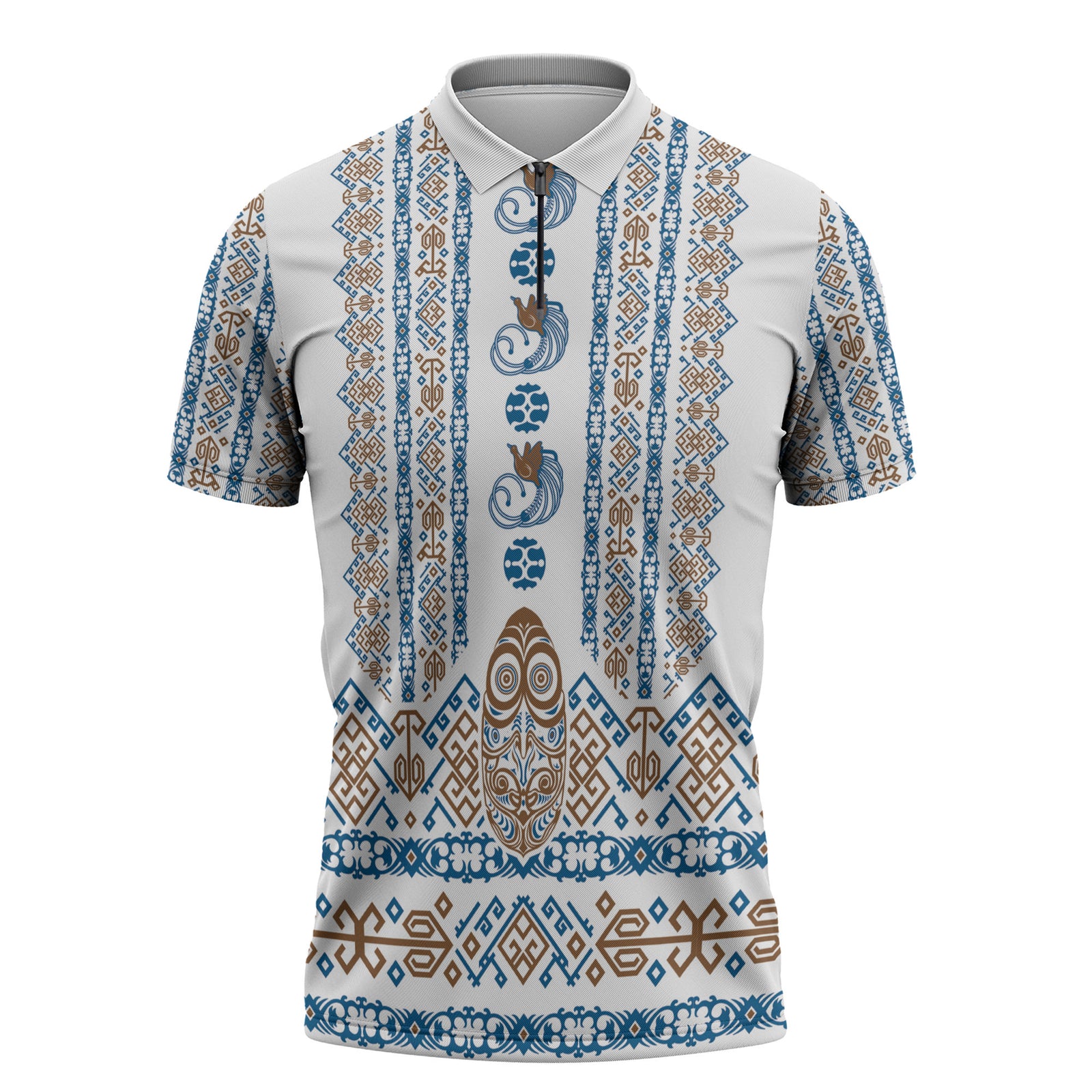 Personalised Papua New Guinea Bird Ethnic Zipper Polo Shirt Papuan Batik Inspired Pattern LT9 White - Polynesian Pride