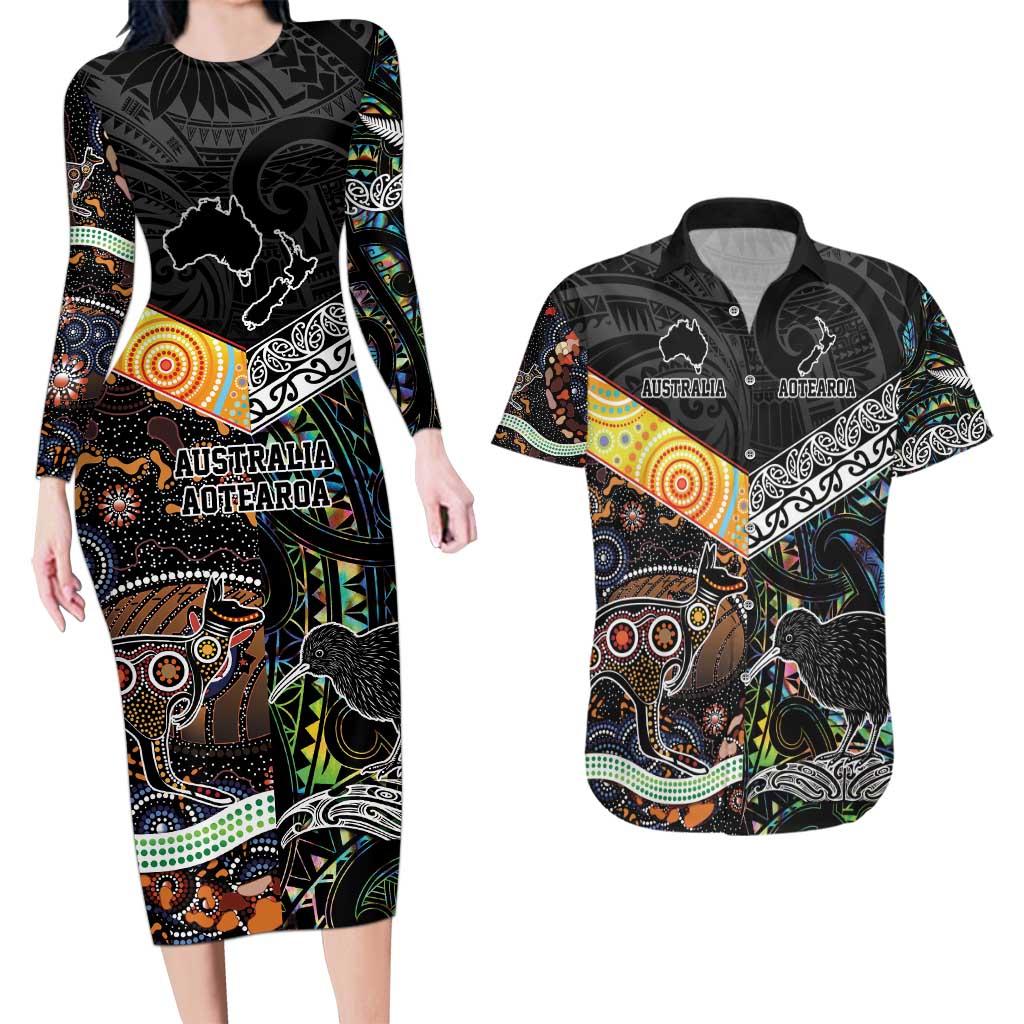 Personalised New Zealand and Australia Couples Matching Long Sleeve Bodycon Dress and Hawaiian Shirt Maori Mix Aboriginal Art Style LT9 Black - Polynesian Pride