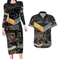 Personalised New Zealand and Australia Couples Matching Long Sleeve Bodycon Dress and Hawaiian Shirt Maori Mix Aboriginal Art Style LT9 Black - Polynesian Pride