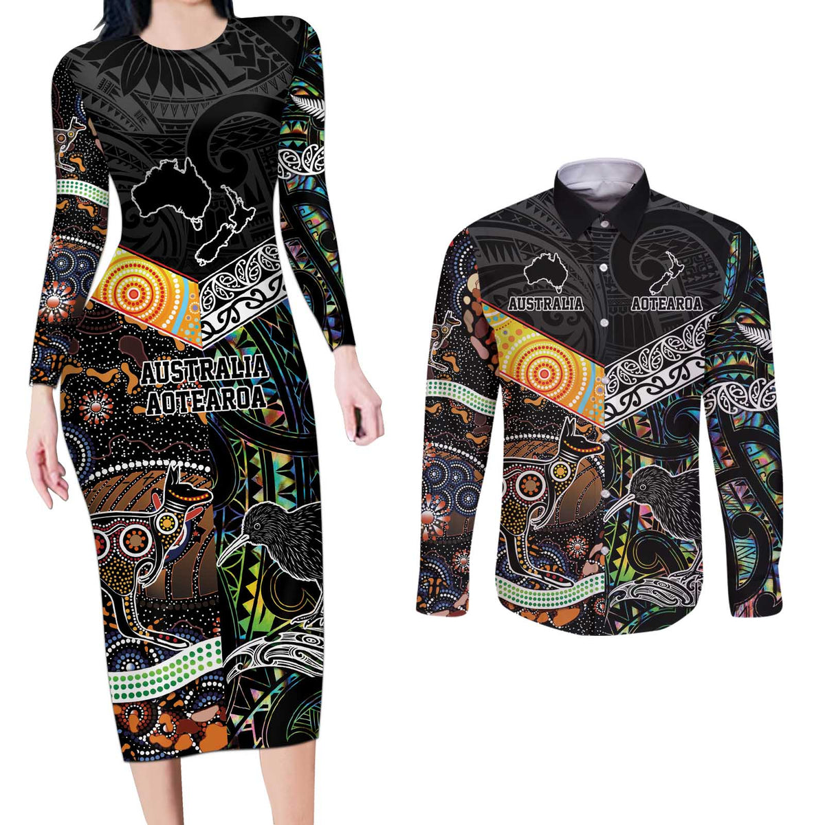 Personalised New Zealand and Australia Couples Matching Long Sleeve Bodycon Dress and Long Sleeve Button Shirt Maori Mix Aboriginal Art Style LT9 Black - Polynesian Pride