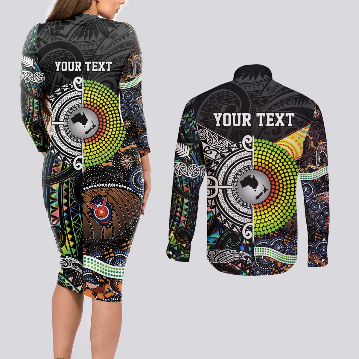 Personalised New Zealand and Australia Couples Matching Long Sleeve Bodycon Dress and Long Sleeve Button Shirt Maori Mix Aboriginal Art Style LT9 - Polynesian Pride