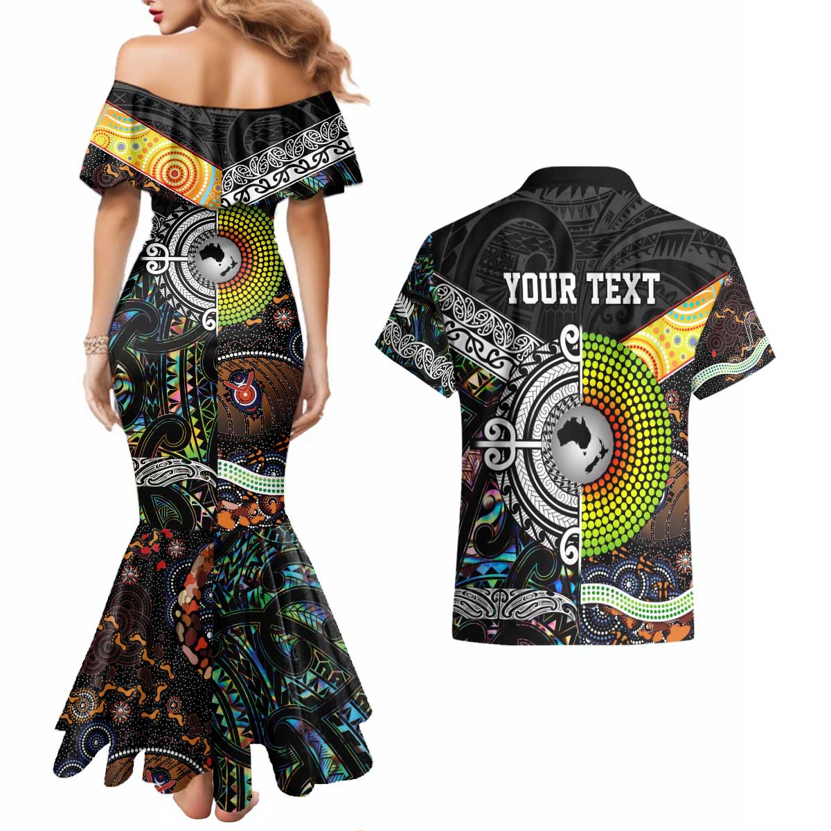 Personalised New Zealand and Australia Couples Matching Mermaid Dress and Hawaiian Shirt Maori Mix Aboriginal Art Style LT9 - Polynesian Pride