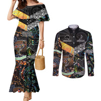 Personalised New Zealand and Australia Couples Matching Mermaid Dress and Long Sleeve Button Shirt Maori Mix Aboriginal Art Style LT9 Black - Polynesian Pride