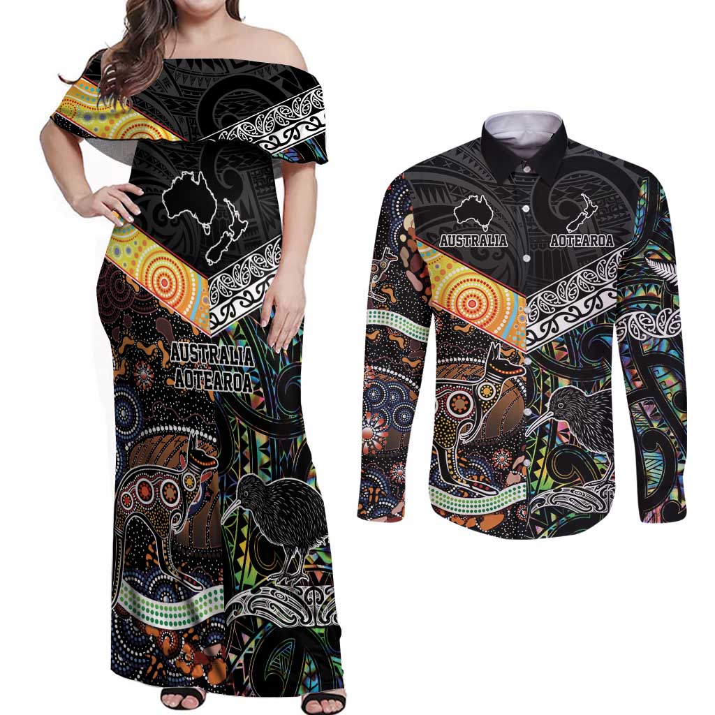 Personalised New Zealand and Australia Couples Matching Off Shoulder Maxi Dress and Long Sleeve Button Shirt Maori Mix Aboriginal Art Style LT9 Black - Polynesian Pride
