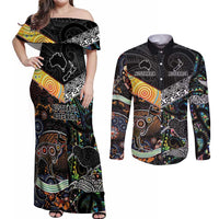 Personalised New Zealand and Australia Couples Matching Off Shoulder Maxi Dress and Long Sleeve Button Shirt Maori Mix Aboriginal Art Style LT9 Black - Polynesian Pride