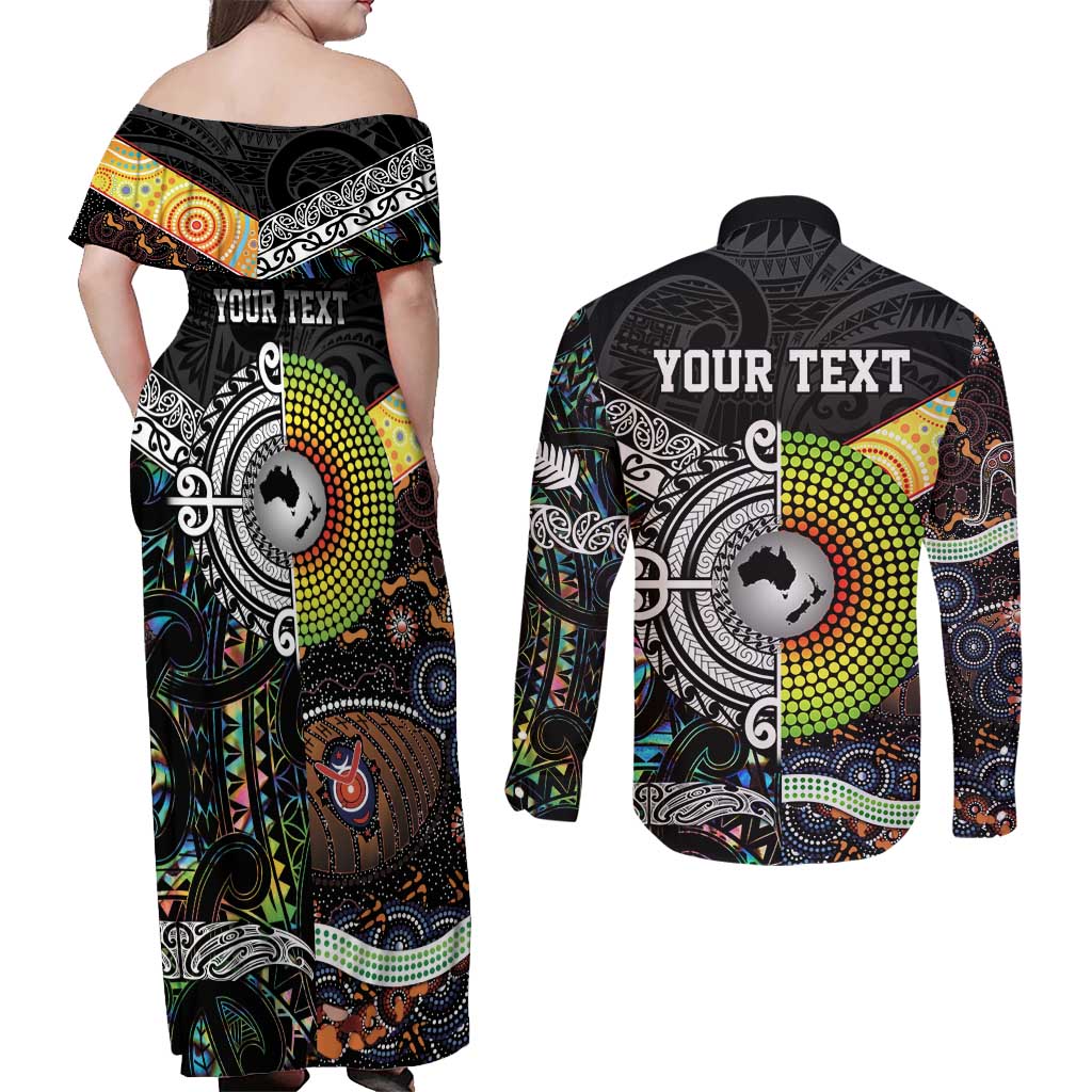 Personalised New Zealand and Australia Couples Matching Off Shoulder Maxi Dress and Long Sleeve Button Shirt Maori Mix Aboriginal Art Style LT9 - Polynesian Pride