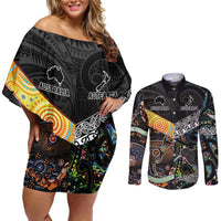 Personalised New Zealand and Australia Couples Matching Off Shoulder Short Dress and Long Sleeve Button Shirt Maori Mix Aboriginal Art Style LT9 Black - Polynesian Pride
