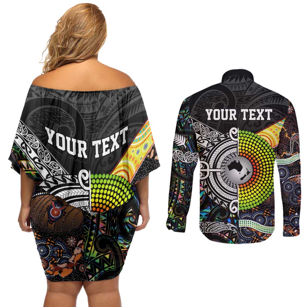 Personalised New Zealand and Australia Couples Matching Off Shoulder Short Dress and Long Sleeve Button Shirt Maori Mix Aboriginal Art Style LT9 - Polynesian Pride
