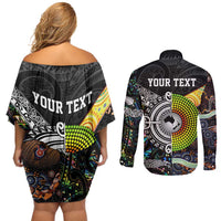 Personalised New Zealand and Australia Couples Matching Off Shoulder Short Dress and Long Sleeve Button Shirt Maori Mix Aboriginal Art Style LT9 - Polynesian Pride