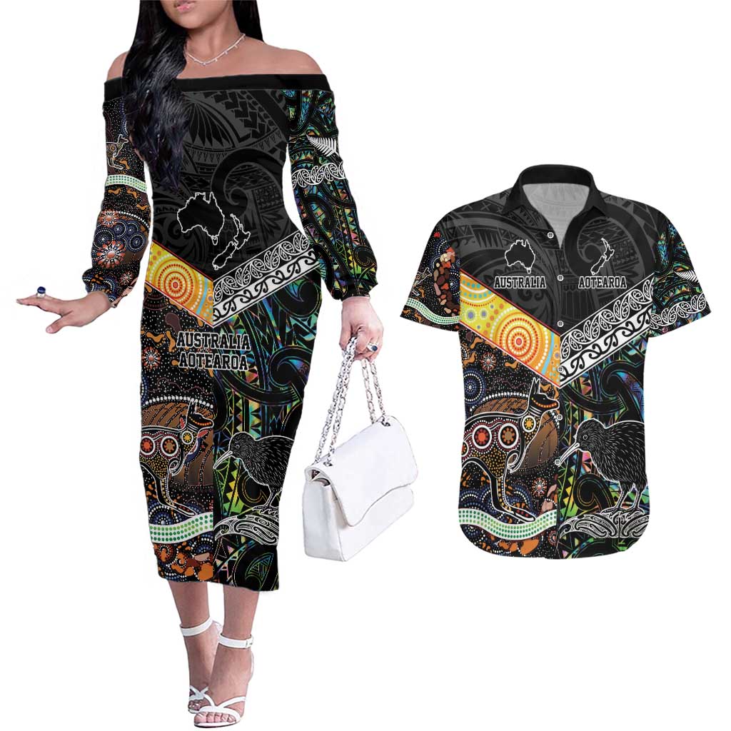 Personalised New Zealand and Australia Couples Matching Off The Shoulder Long Sleeve Dress and Hawaiian Shirt Maori Mix Aboriginal Art Style LT9 Black - Polynesian Pride