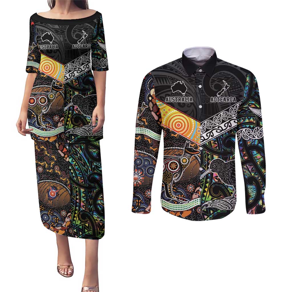 Personalised New Zealand and Australia Couples Matching Puletasi and Long Sleeve Button Shirt Maori Mix Aboriginal Art Style LT9 Black - Polynesian Pride