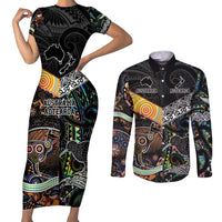 Personalised New Zealand and Australia Couples Matching Short Sleeve Bodycon Dress and Long Sleeve Button Shirt Maori Mix Aboriginal Art Style LT9 Black - Polynesian Pride