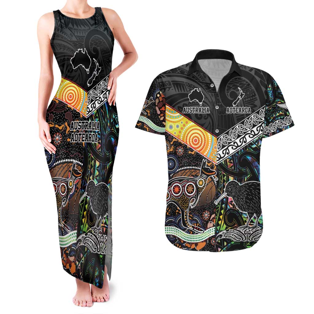 Personalised New Zealand and Australia Couples Matching Tank Maxi Dress and Hawaiian Shirt Maori Mix Aboriginal Art Style LT9 Black - Polynesian Pride