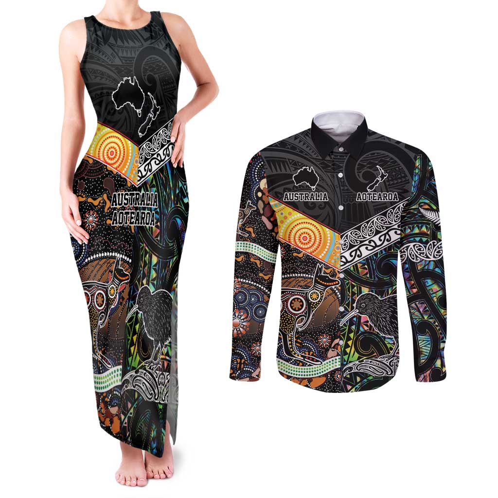 Personalised New Zealand and Australia Couples Matching Tank Maxi Dress and Long Sleeve Button Shirt Maori Mix Aboriginal Art Style LT9 Black - Polynesian Pride
