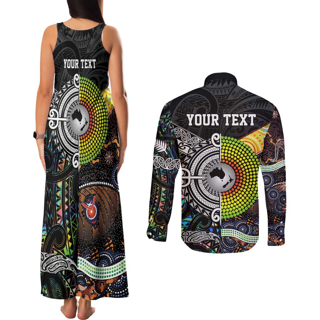 Personalised New Zealand and Australia Couples Matching Tank Maxi Dress and Long Sleeve Button Shirt Maori Mix Aboriginal Art Style LT9 - Polynesian Pride