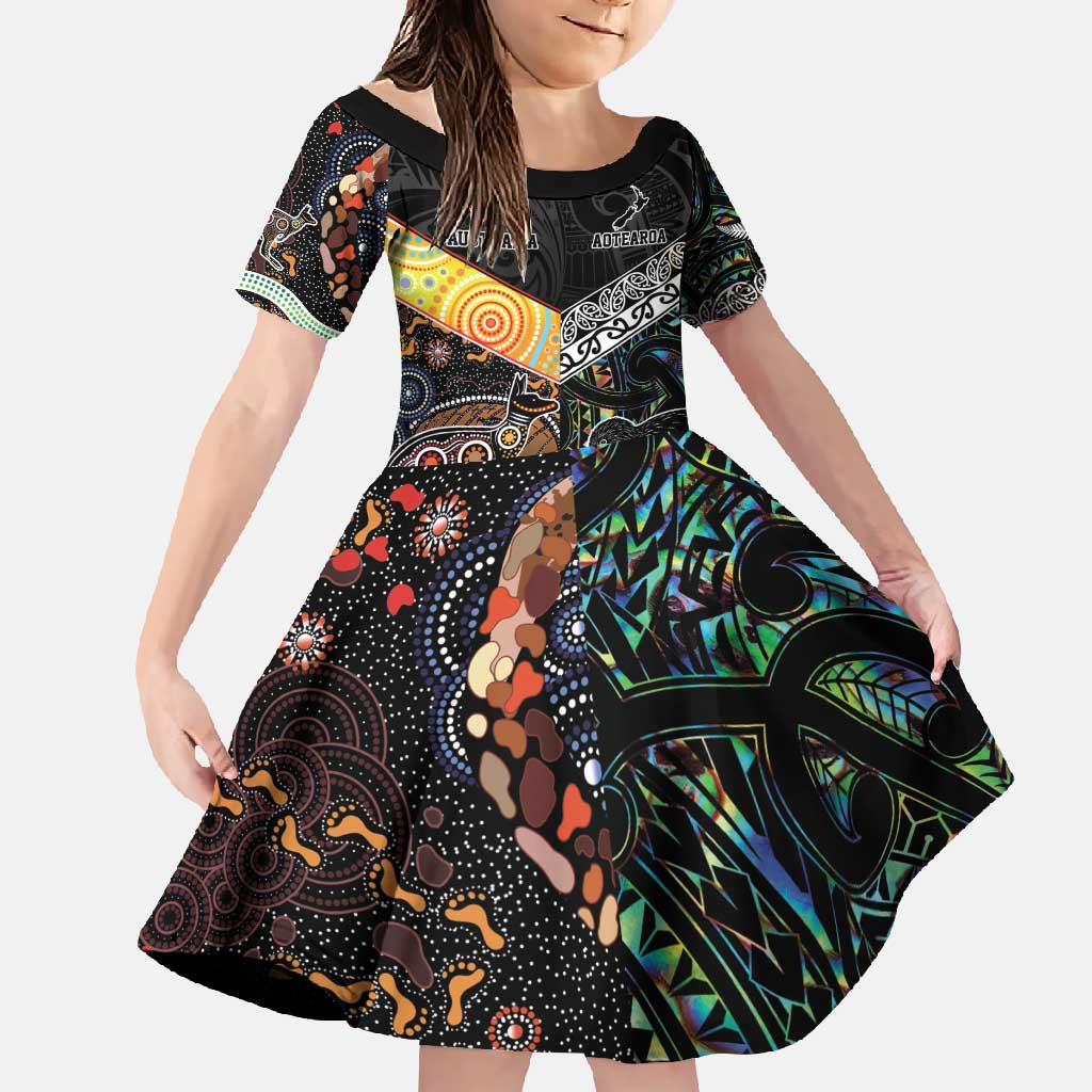 Personalised New Zealand and Australia Family Matching Mermaid Dress and Hawaiian Shirt Maori Mix Aboriginal Art Style LT9 Daughter's Dress Black - Polynesian Pride