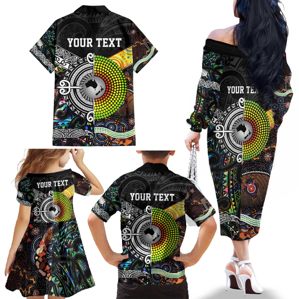 Personalised New Zealand and Australia Family Matching Off The Shoulder Long Sleeve Dress and Hawaiian Shirt Maori Mix Aboriginal Art Style LT9 - Polynesian Pride