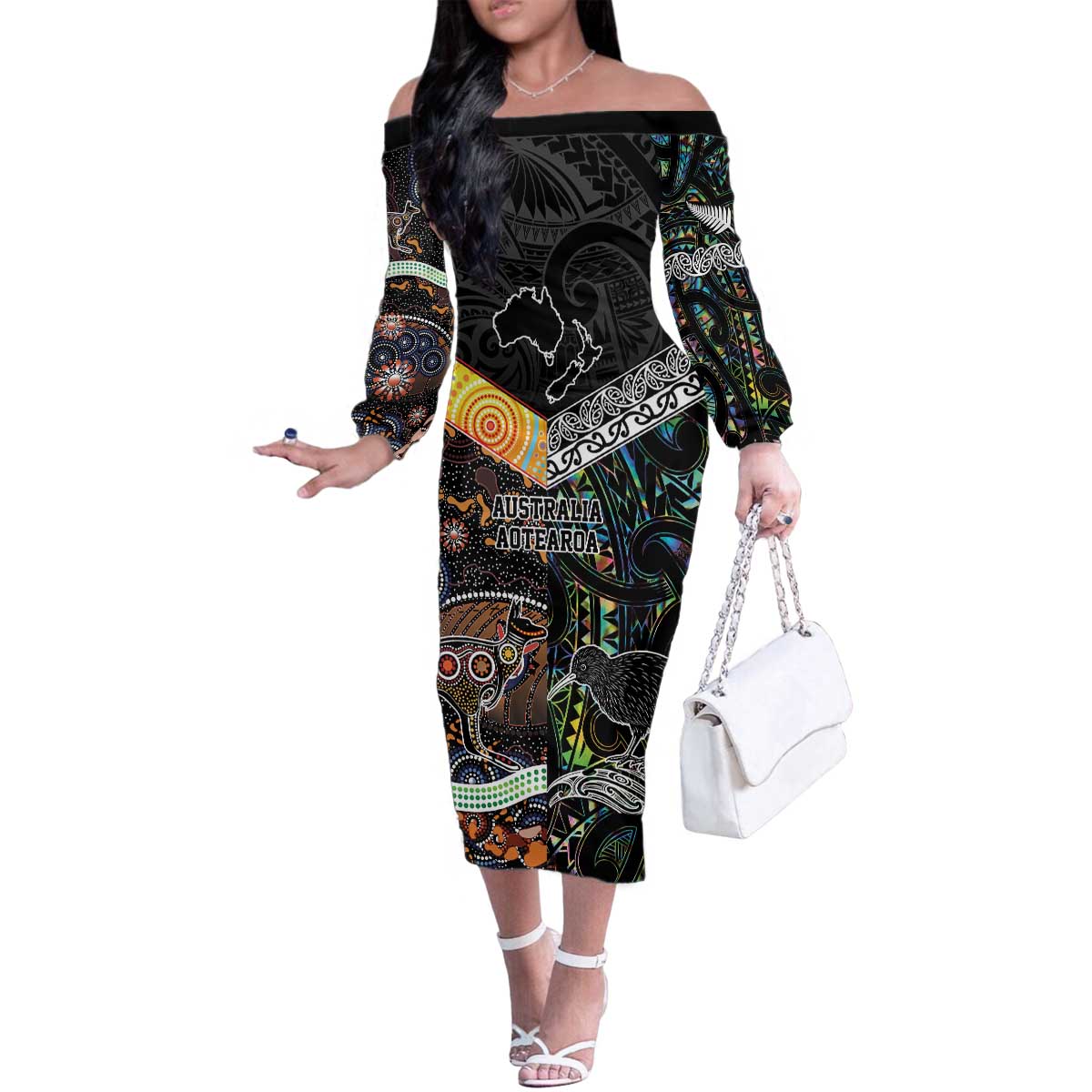 Personalised New Zealand and Australia Family Matching Off The Shoulder Long Sleeve Dress and Hawaiian Shirt Maori Mix Aboriginal Art Style LT9 Mom's Dress Black - Polynesian Pride