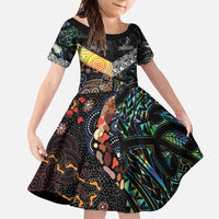 Personalised New Zealand and Australia Family Matching Off Shoulder Maxi Dress and Hawaiian Shirt Maori Mix Aboriginal Art Style LT9 Daughter's Dress Black - Polynesian Pride