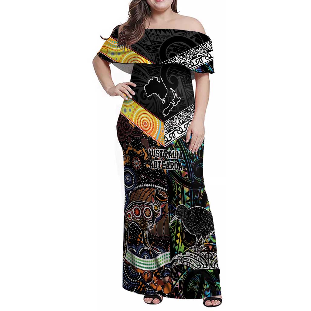 Personalised New Zealand and Australia Family Matching Off Shoulder Maxi Dress and Hawaiian Shirt Maori Mix Aboriginal Art Style LT9 Mom's Dress Black - Polynesian Pride
