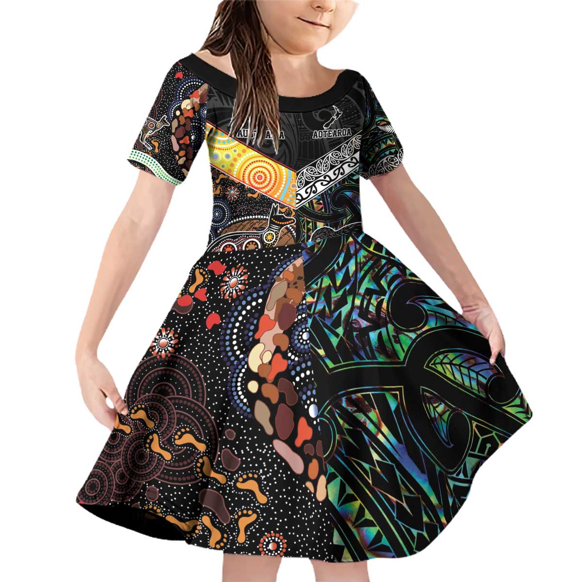 Personalised New Zealand and Australia Family Matching Off Shoulder Short Dress and Hawaiian Shirt Maori Mix Aboriginal Art Style LT9 Daughter's Dress Black - Polynesian Pride