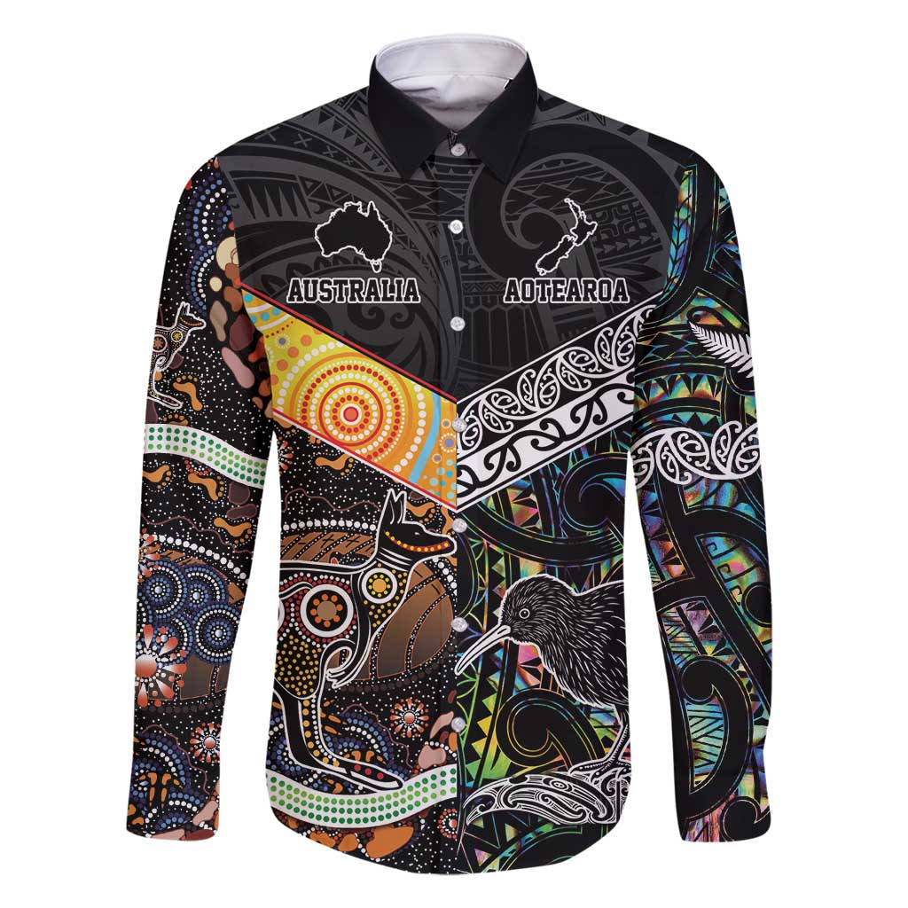 Personalised New Zealand and Australia Family Matching Tank Maxi Dress and Hawaiian Shirt Maori Mix Aboriginal Art Style LT9 Dad's Shirt - Long Sleeve Black - Polynesian Pride