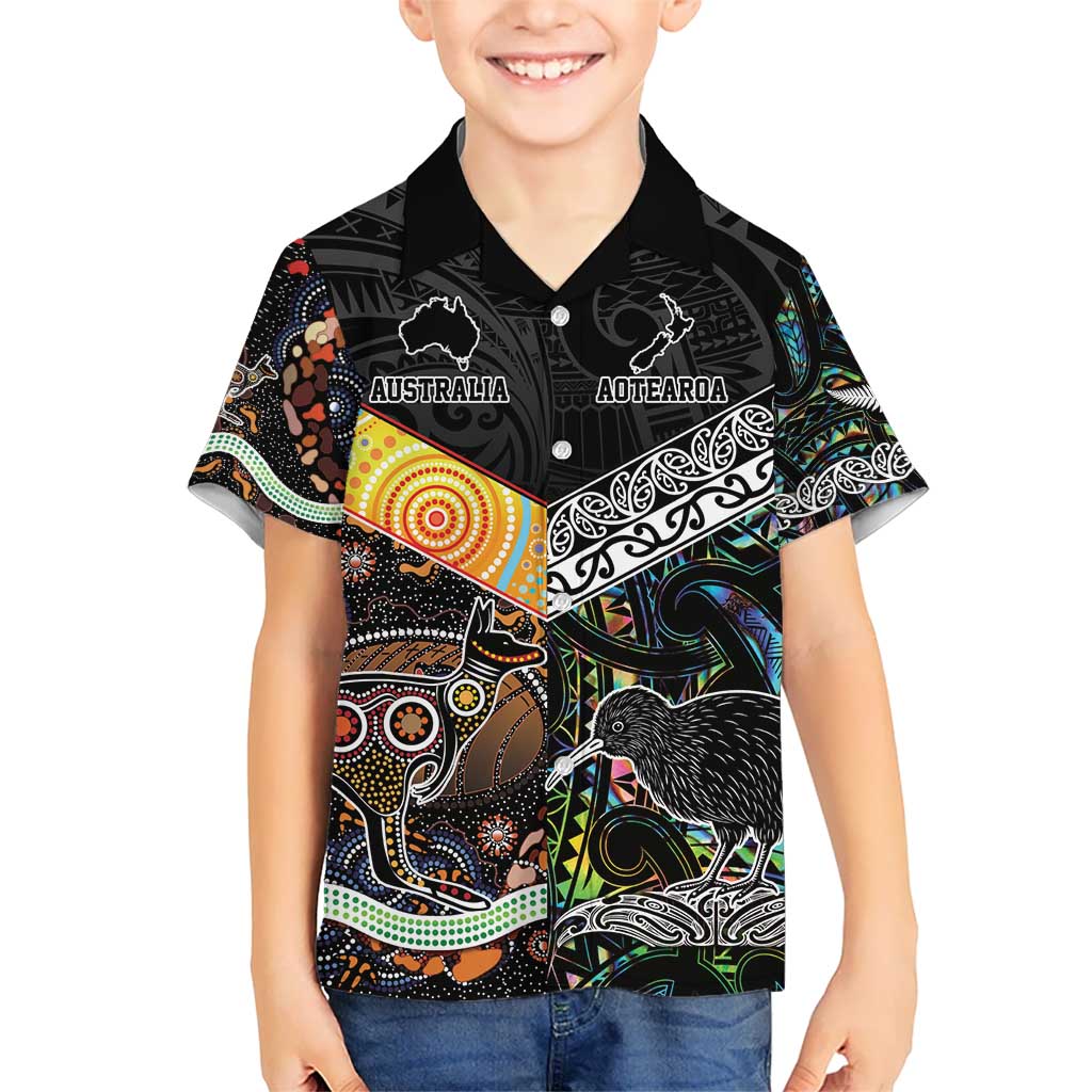 Personalised New Zealand and Australia Kid Hawaiian Shirt Maori Mix Aboriginal Art Style LT9 Kid Black - Polynesian Pride