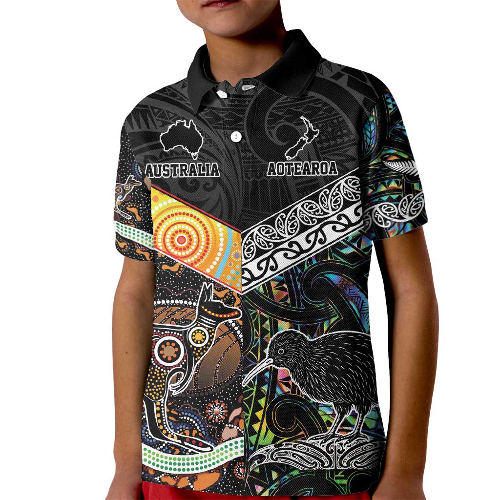 Personalised New Zealand and Australia Kid Polo Shirt Maori Mix Aboriginal Art Style LT9 Kid Black - Polynesian Pride