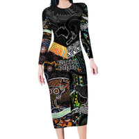 Personalised New Zealand and Australia Long Sleeve Bodycon Dress Maori Mix Aboriginal Art Style LT9 Long Dress Black - Polynesian Pride