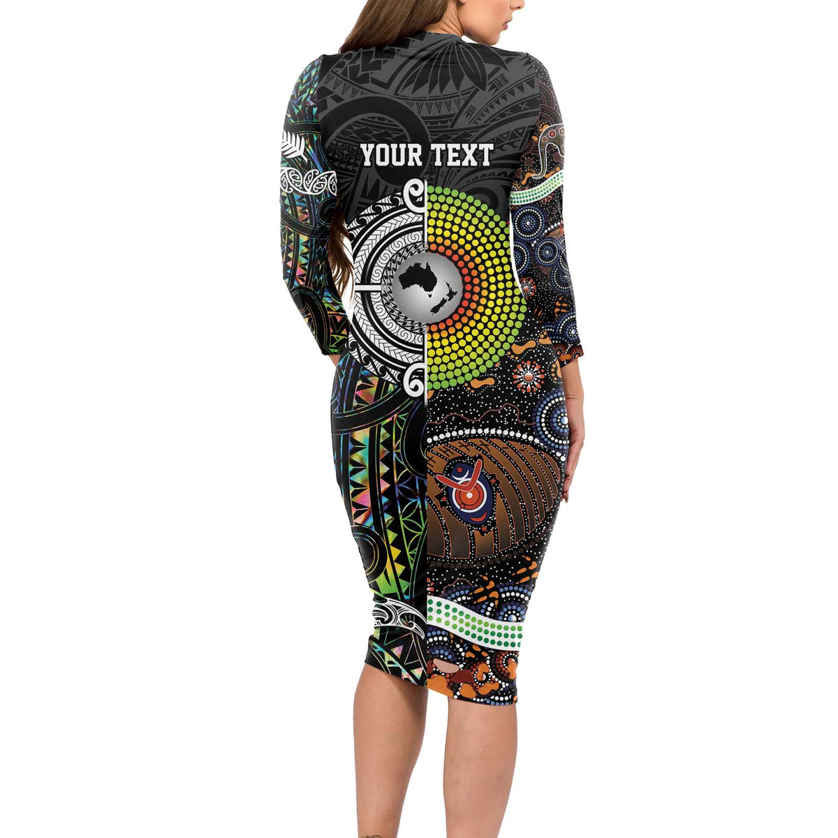 Personalised New Zealand and Australia Long Sleeve Bodycon Dress Maori Mix Aboriginal Art Style LT9 - Polynesian Pride