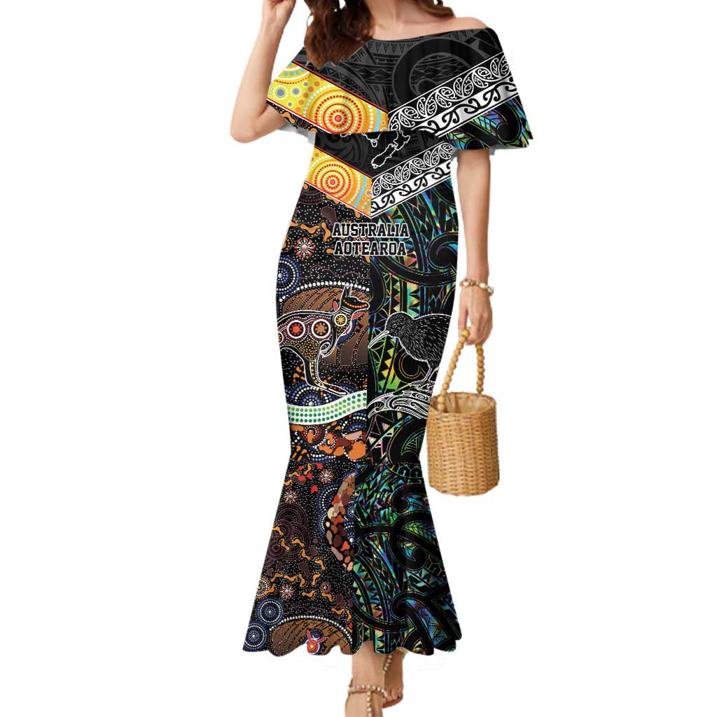 Personalised New Zealand and Australia Mermaid Dress Maori Mix Aboriginal Art Style LT9 Women Black - Polynesian Pride