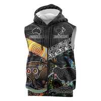 Australia New Zealand Personalised Sleeveless Zip Hoodie Maori Aboriginal Art Style LT9 Black - Polynesian Pride
