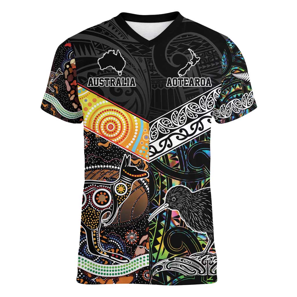 Personalised New Zealand and Australia Women V-Neck T-Shirt Maori Mix Aboriginal Art Style LT9 Female Black - Polynesian Pride