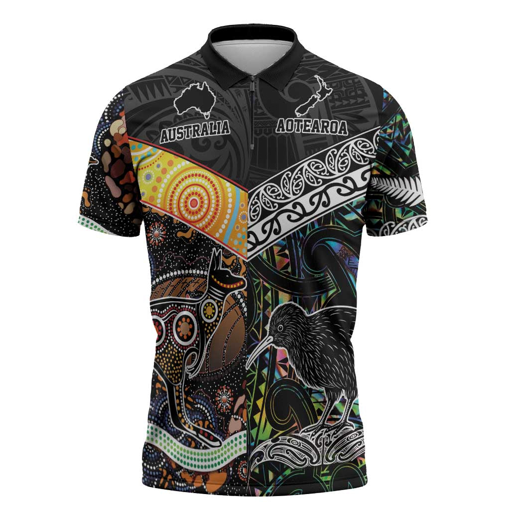Australia New Zealand Personalised Zipper Polo Shirt Maori Aboriginal Art Style LT9 Black - Polynesian Pride