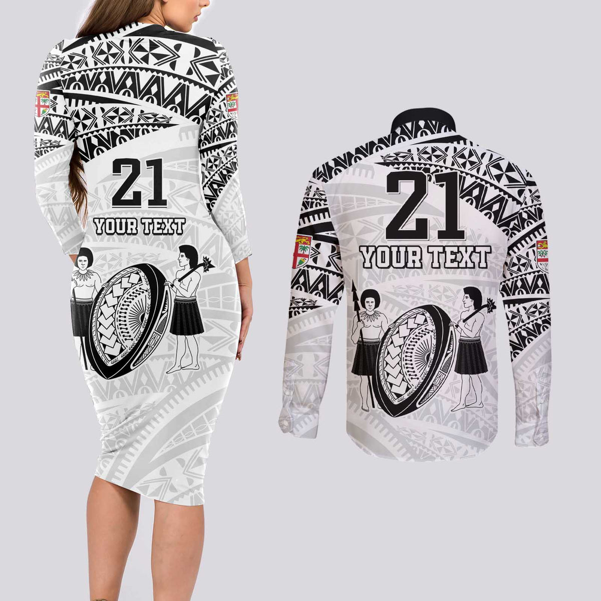 Custom Fiji Rugby Pacific Couples Matching Long Sleeve Bodycon Dress and Long Sleeve Button Shirt Polynesian Palm Tattoo LT9 - Polynesian Pride
