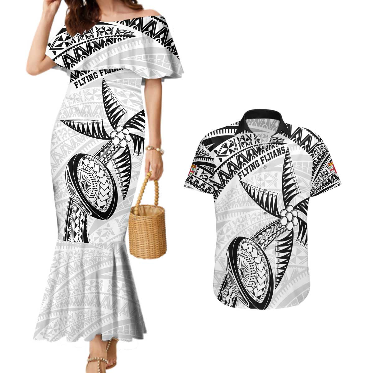 Custom Fiji Rugby Pacific Couples Matching Mermaid Dress and Hawaiian Shirt Polynesian Palm Tattoo LT9 White - Polynesian Pride