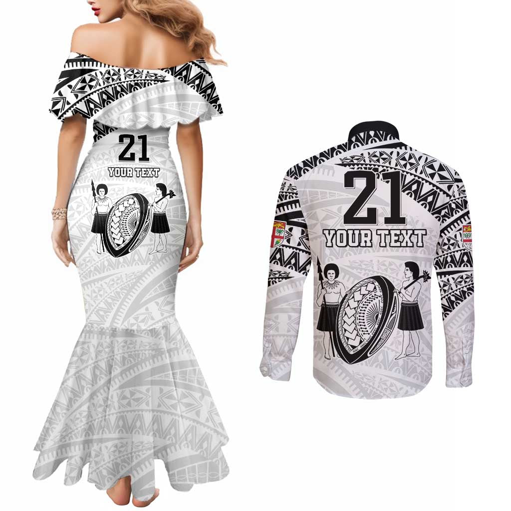 Custom Fiji Rugby Pacific Couples Matching Mermaid Dress and Long Sleeve Button Shirt Polynesian Palm Tattoo LT9 - Polynesian Pride