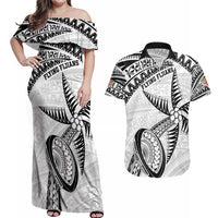 Custom Fiji Rugby Pacific Couples Matching Off Shoulder Maxi Dress and Hawaiian Shirt Polynesian Palm Tattoo LT9 White - Polynesian Pride
