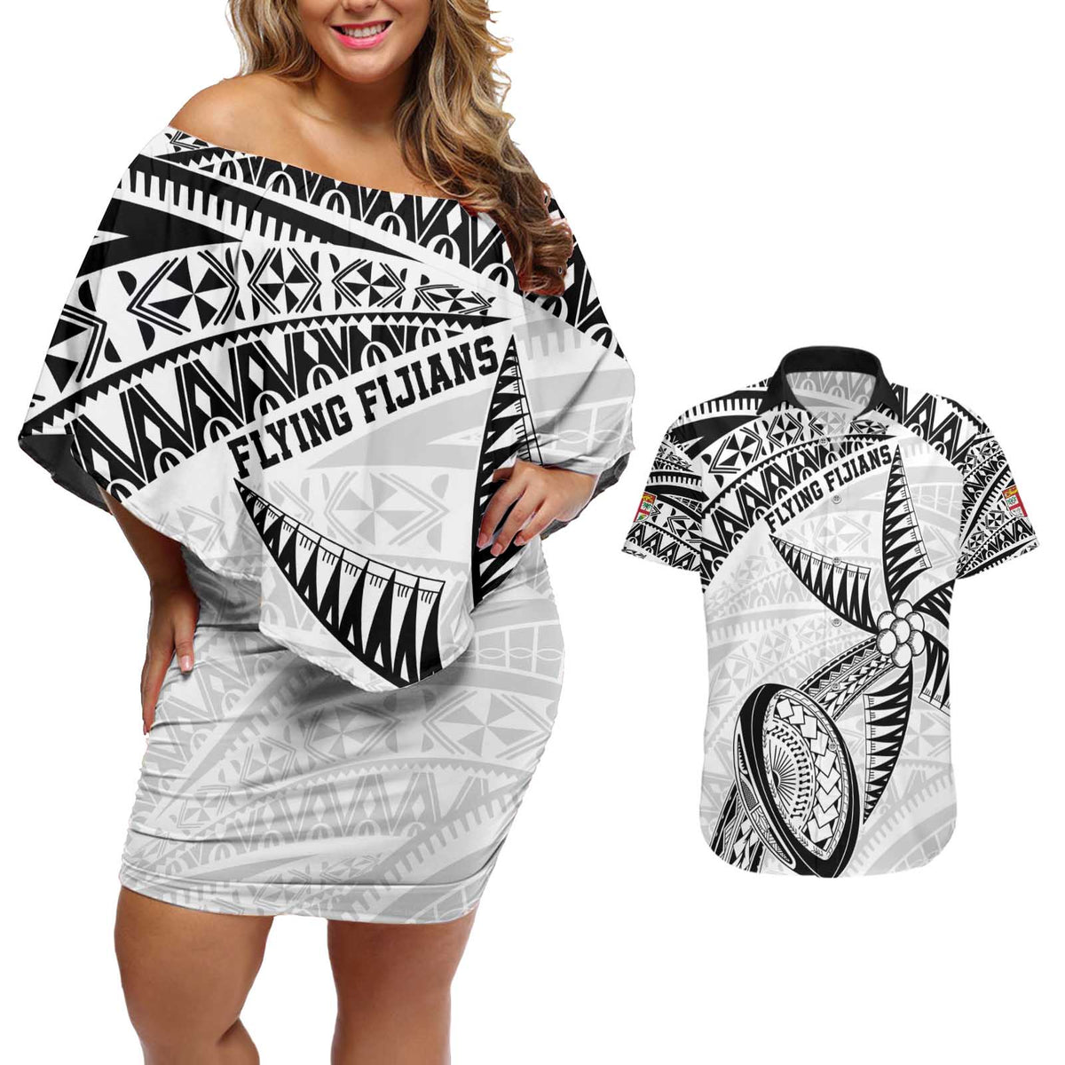 Custom Fiji Rugby Pacific Couples Matching Off Shoulder Short Dress and Hawaiian Shirt Polynesian Palm Tattoo LT9 White - Polynesian Pride