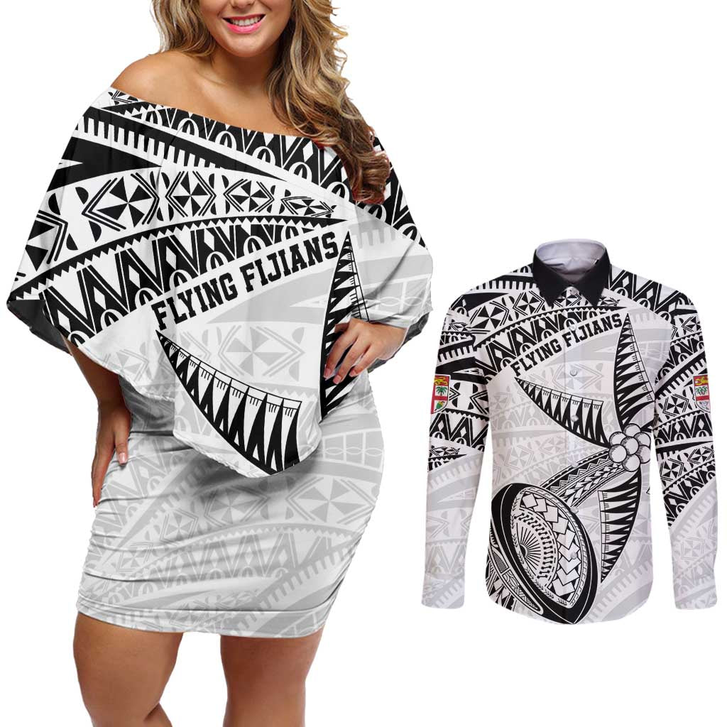 Custom Fiji Rugby Pacific Couples Matching Off Shoulder Short Dress and Long Sleeve Button Shirt Polynesian Palm Tattoo LT9 White - Polynesian Pride