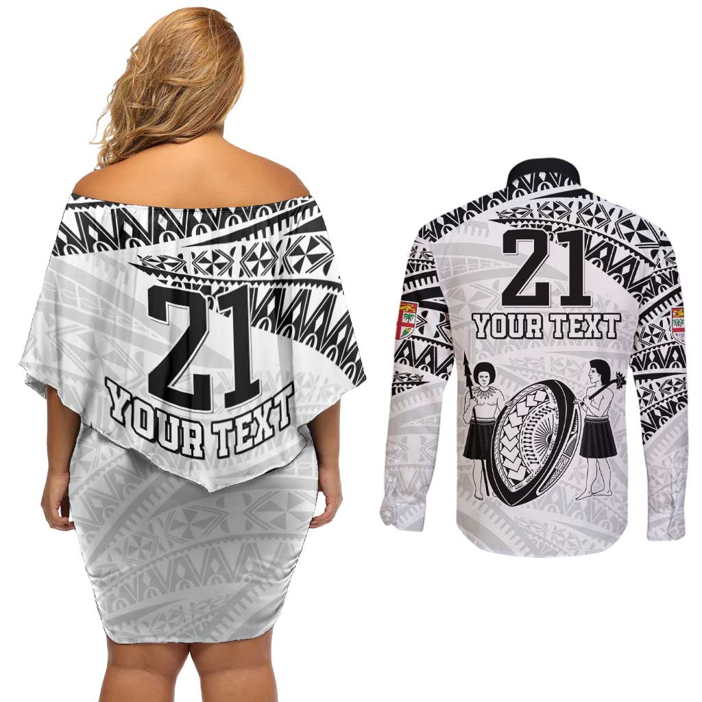 Custom Fiji Rugby Pacific Couples Matching Off Shoulder Short Dress and Long Sleeve Button Shirt Polynesian Palm Tattoo LT9 - Polynesian Pride
