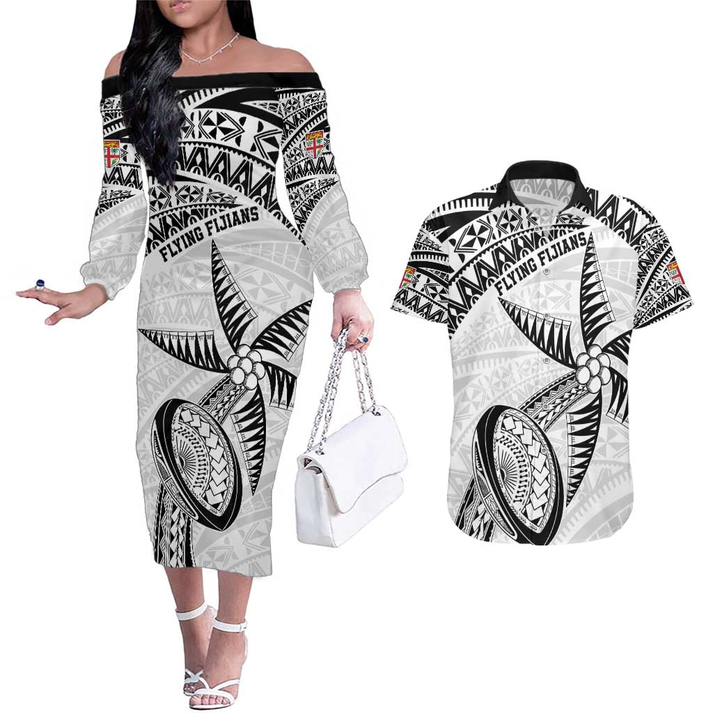 Custom Fiji Rugby Pacific Couples Matching Off The Shoulder Long Sleeve Dress and Hawaiian Shirt Polynesian Palm Tattoo LT9 White - Polynesian Pride