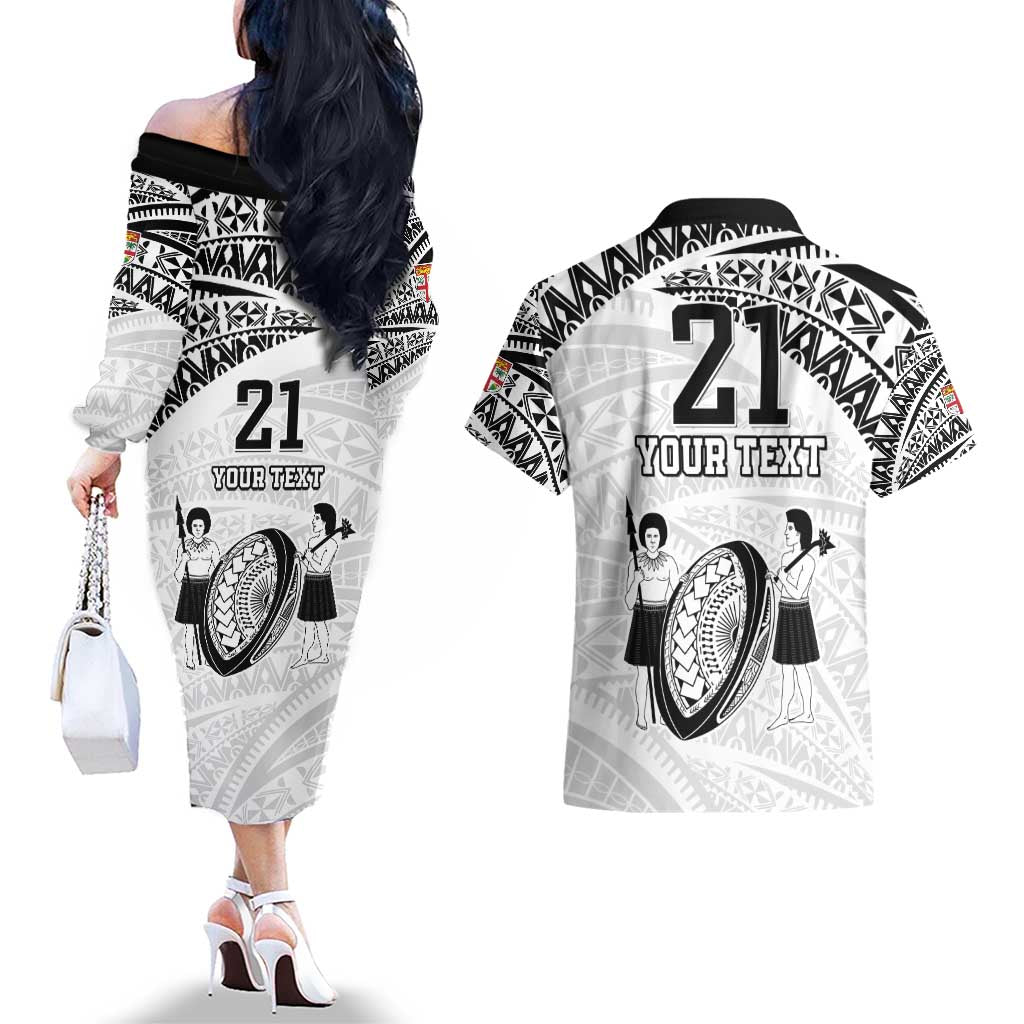 Custom Fiji Rugby Pacific Couples Matching Off The Shoulder Long Sleeve Dress and Hawaiian Shirt Polynesian Palm Tattoo LT9 - Polynesian Pride