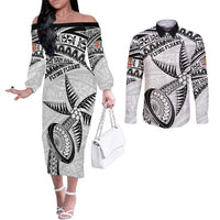 Custom Fiji Rugby Pacific Couples Matching Off The Shoulder Long Sleeve Dress and Long Sleeve Button Shirt Polynesian Palm Tattoo LT9 White - Polynesian Pride