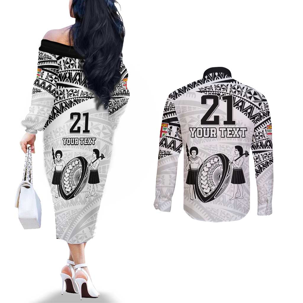 Custom Fiji Rugby Pacific Couples Matching Off The Shoulder Long Sleeve Dress and Long Sleeve Button Shirt Polynesian Palm Tattoo LT9 - Polynesian Pride